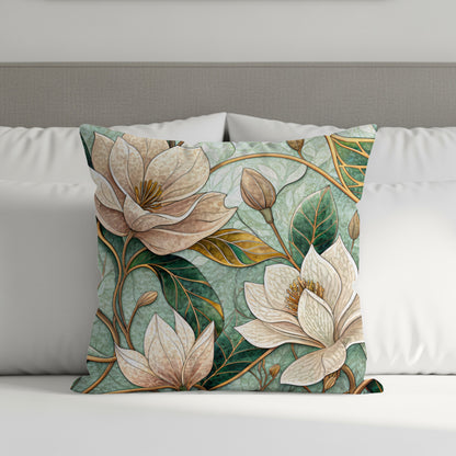 Beautiful Magnolia Flowers Green Leaves Artistic Style Throw Pillows - Walk Greener