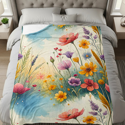 Watercolor Wildflower Meadow In Bloom Dreamscape Art Velveteen Plush Blankets - Walk Greener