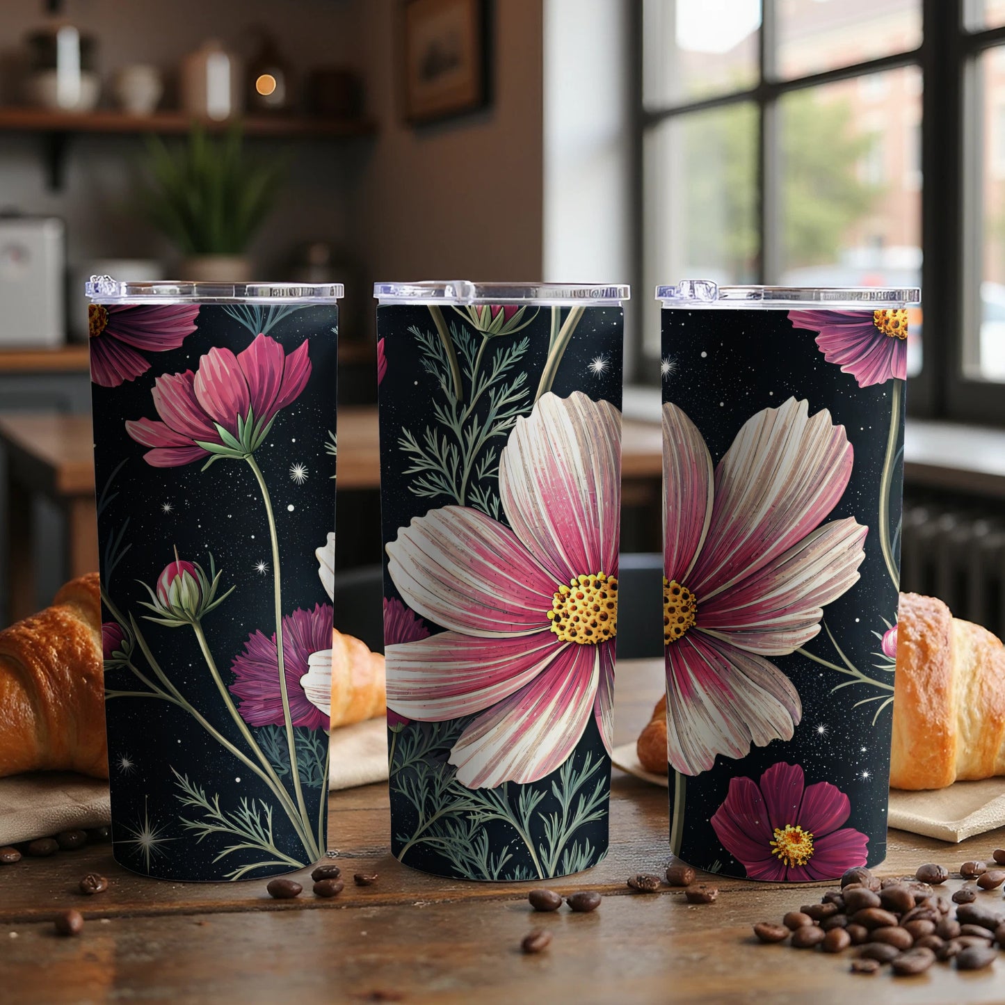 Elegant Cosmos Floral Pattern Design on Dark Backdrop Tumblers - Walk Greener
