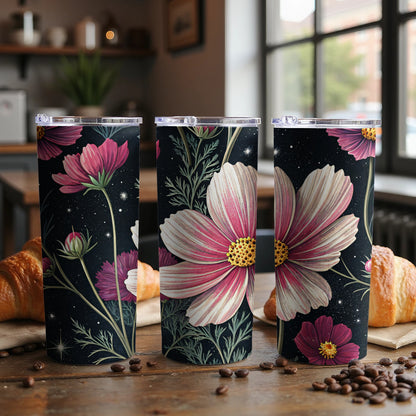 Elegant Cosmos Floral Pattern Design on Dark Backdrop Tumblers - Walk Greener