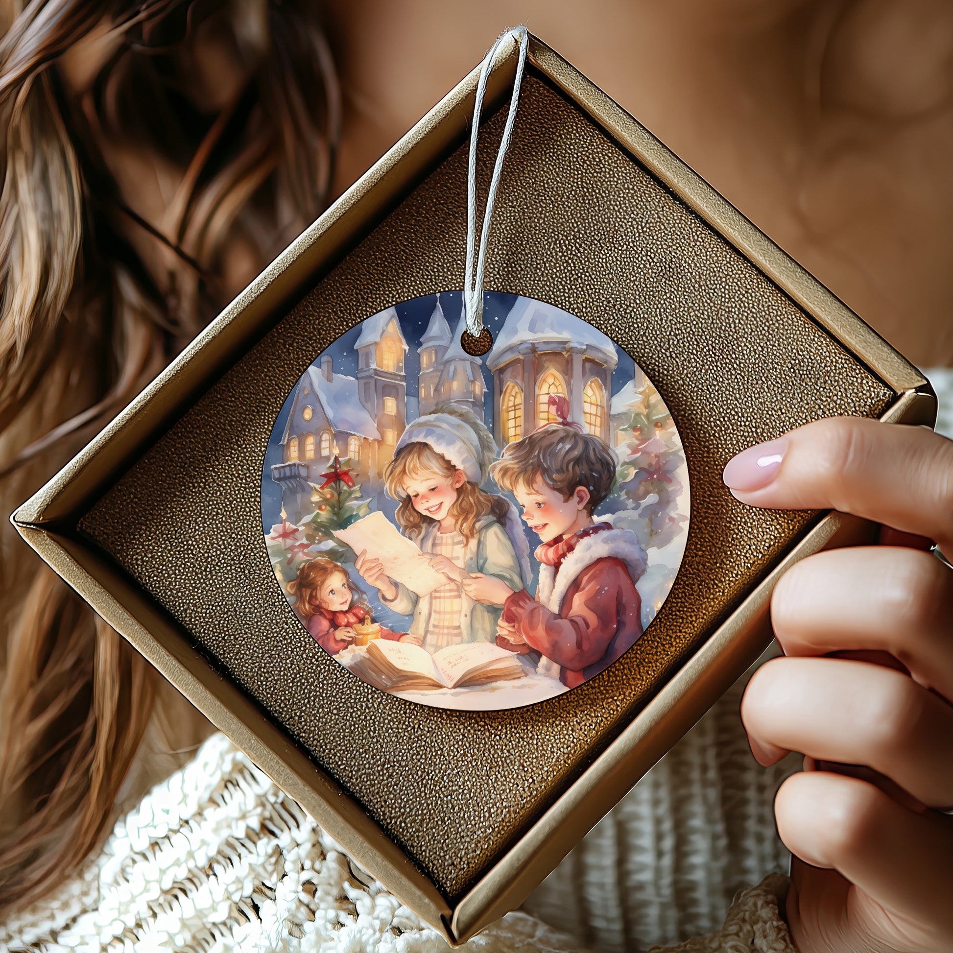 Christmas Carolers Singing Round Hanging Ornament product type