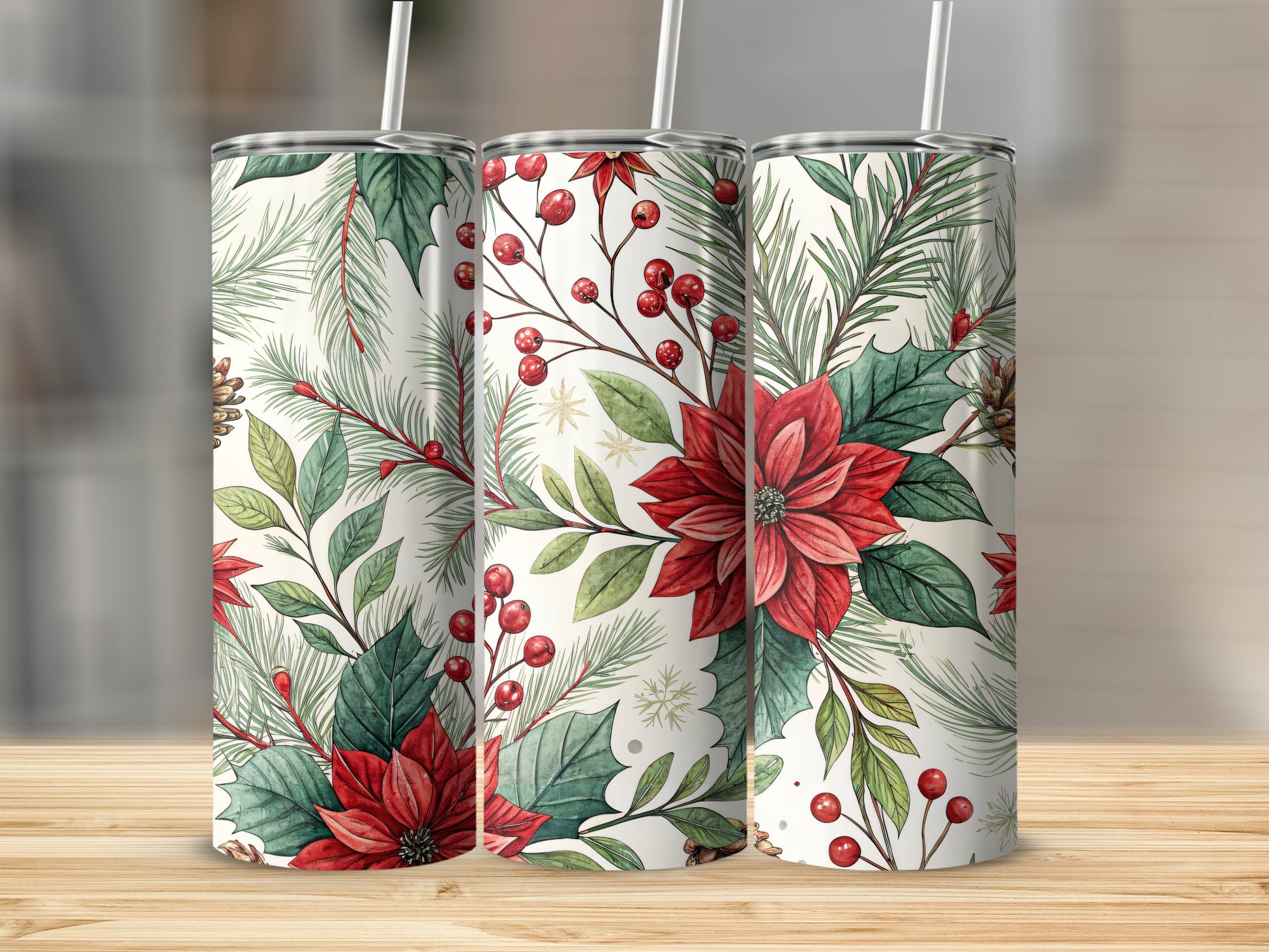 Festive Poinsettia and Pine Tumbler with Straw Product