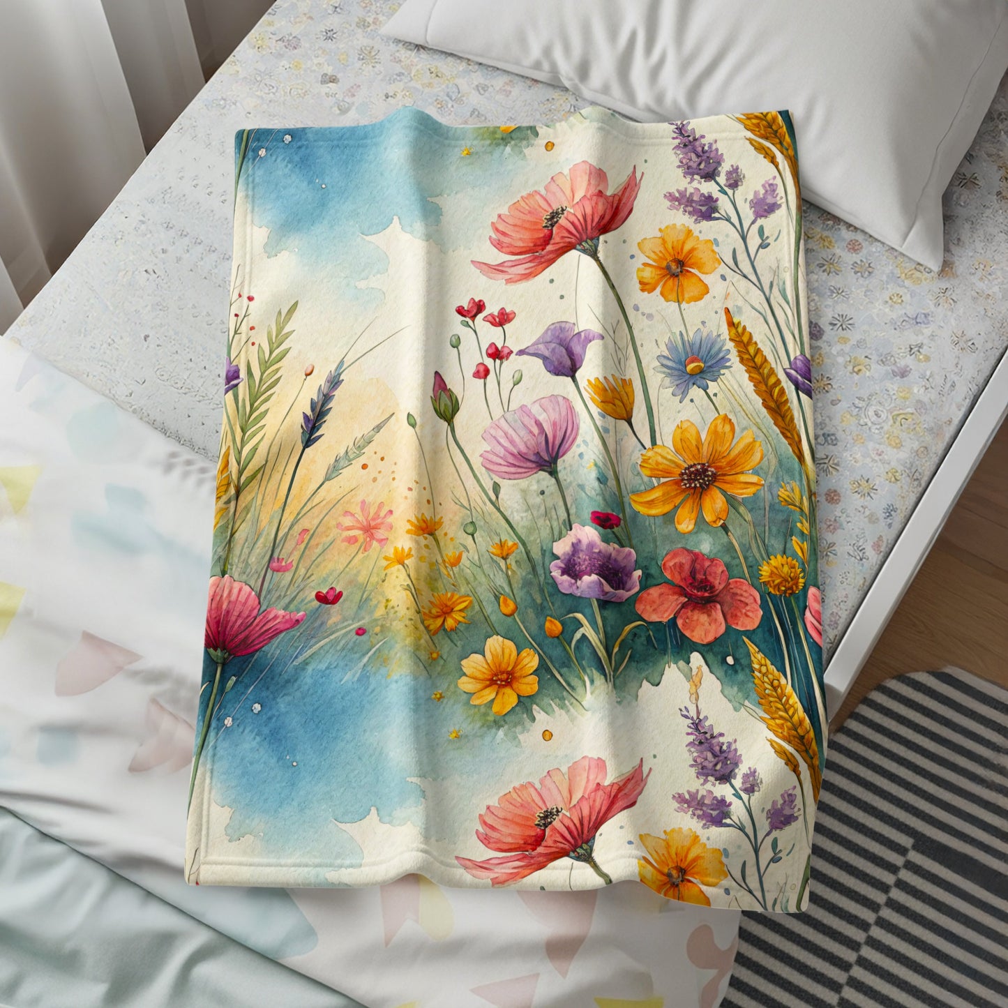 Watercolor Wildflower Meadow In Bloom Dreamscape Art Velveteen Plush Blankets - Walk Greener