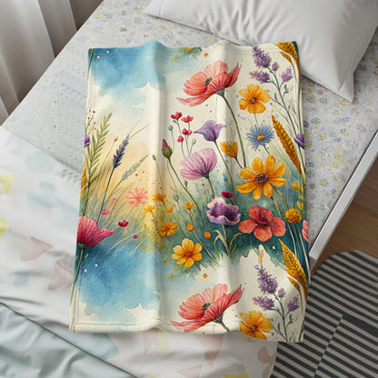 Watercolor Wildflower Meadow In Bloom Dreamscape Art Velveteen Plush Blankets - Walk Greener