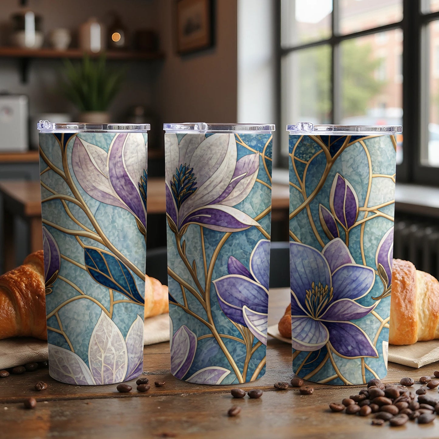 Floral Elegance Blue and Purple Magnolias 20 oz Skinny Tumbler - Walk Greener