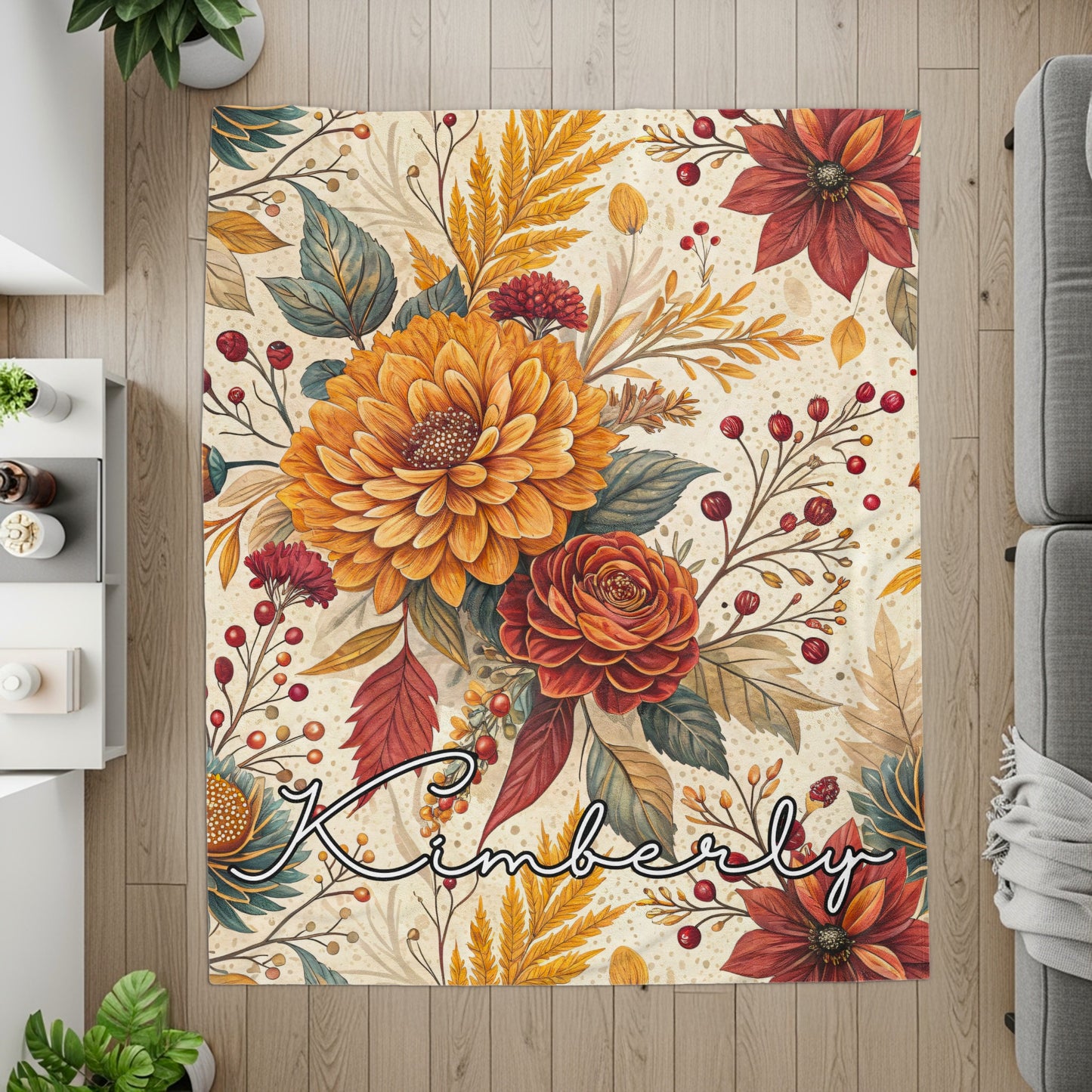 Personalized Floral Print Area Rug with Name Kimberly
