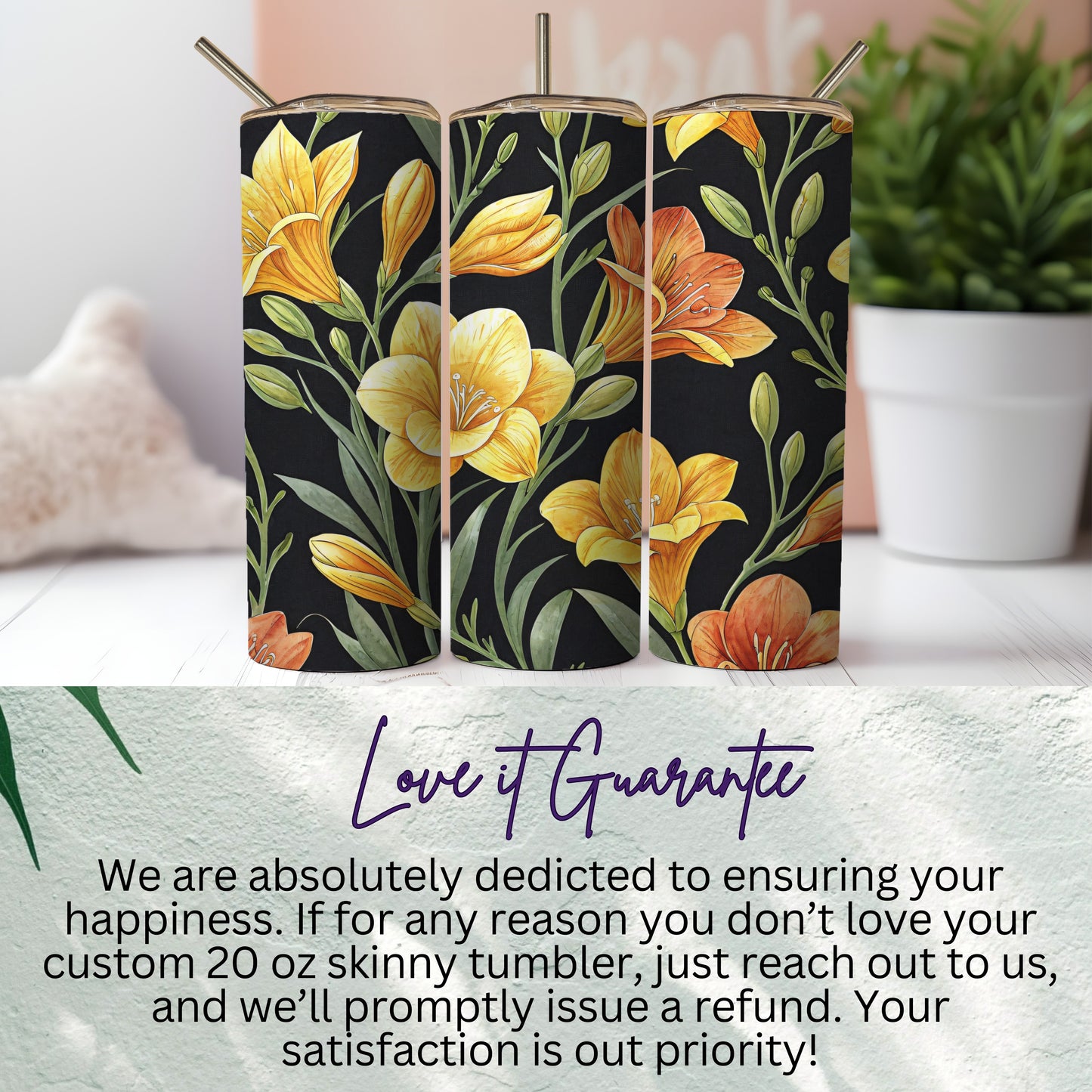 Yellow Orange Flowers Pattern Tumbler Beautiful Art Tumblers - Walk Greener
