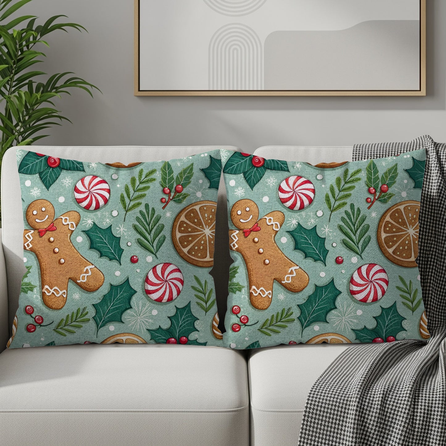 Festive Gingerbread and Peppermint Decorative Pillow Set