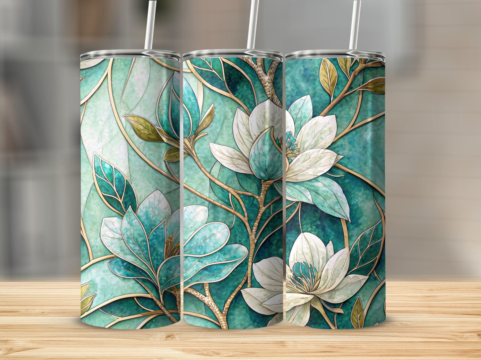 Teal Stained Glass Floral Art Design on 20 oz Skinny Tumbler - Walk Greener