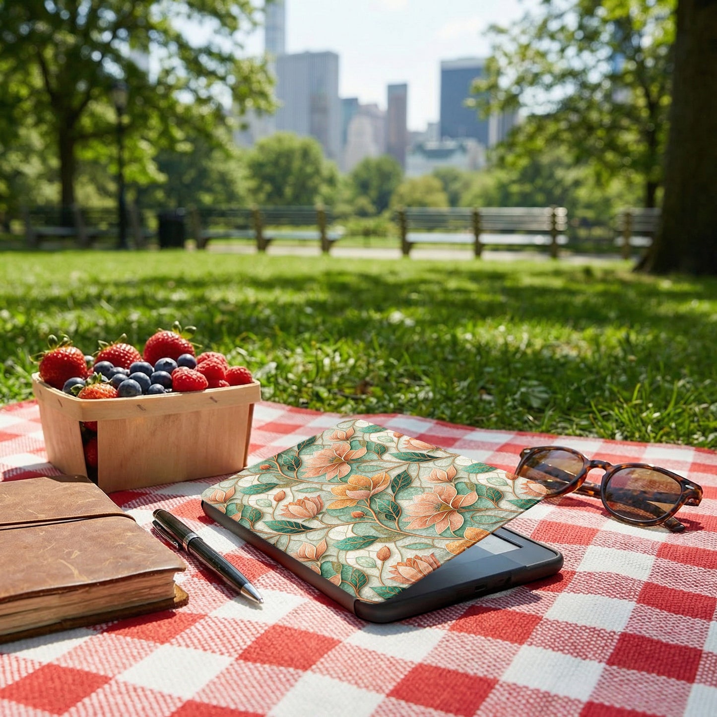 Floral Patterned Tablet Case in Scenic Picnic Setting