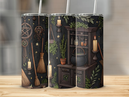 Mystical Witch Room Decor with Brooms and Candles Tumbler - Walk Greener