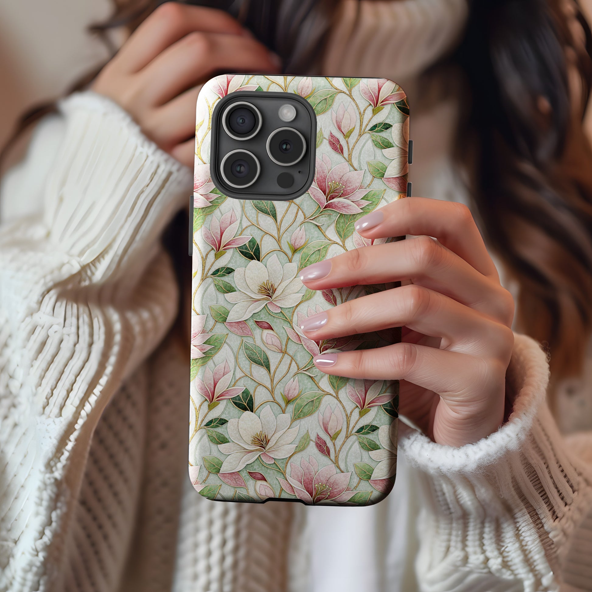 Floral Pattern Phone Case with Green Pink and White Flowers