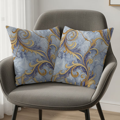 Ornate Gold Floral on Blue Marble Decorative Floral Throw Pillows - Walk Greener