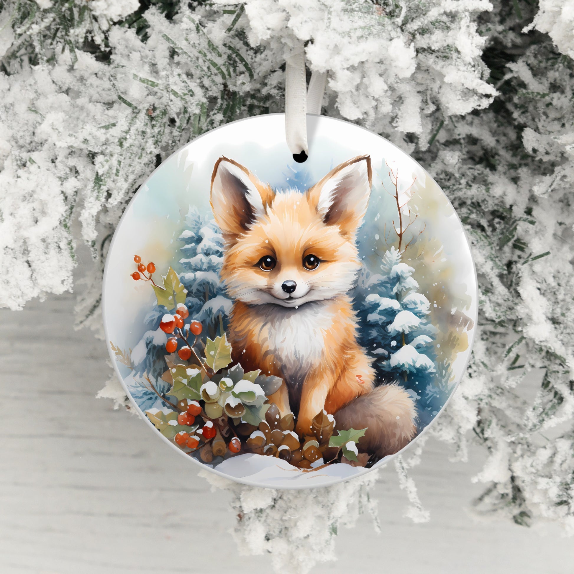 Festive Fox in Snow Forest Round Holiday Ornament product