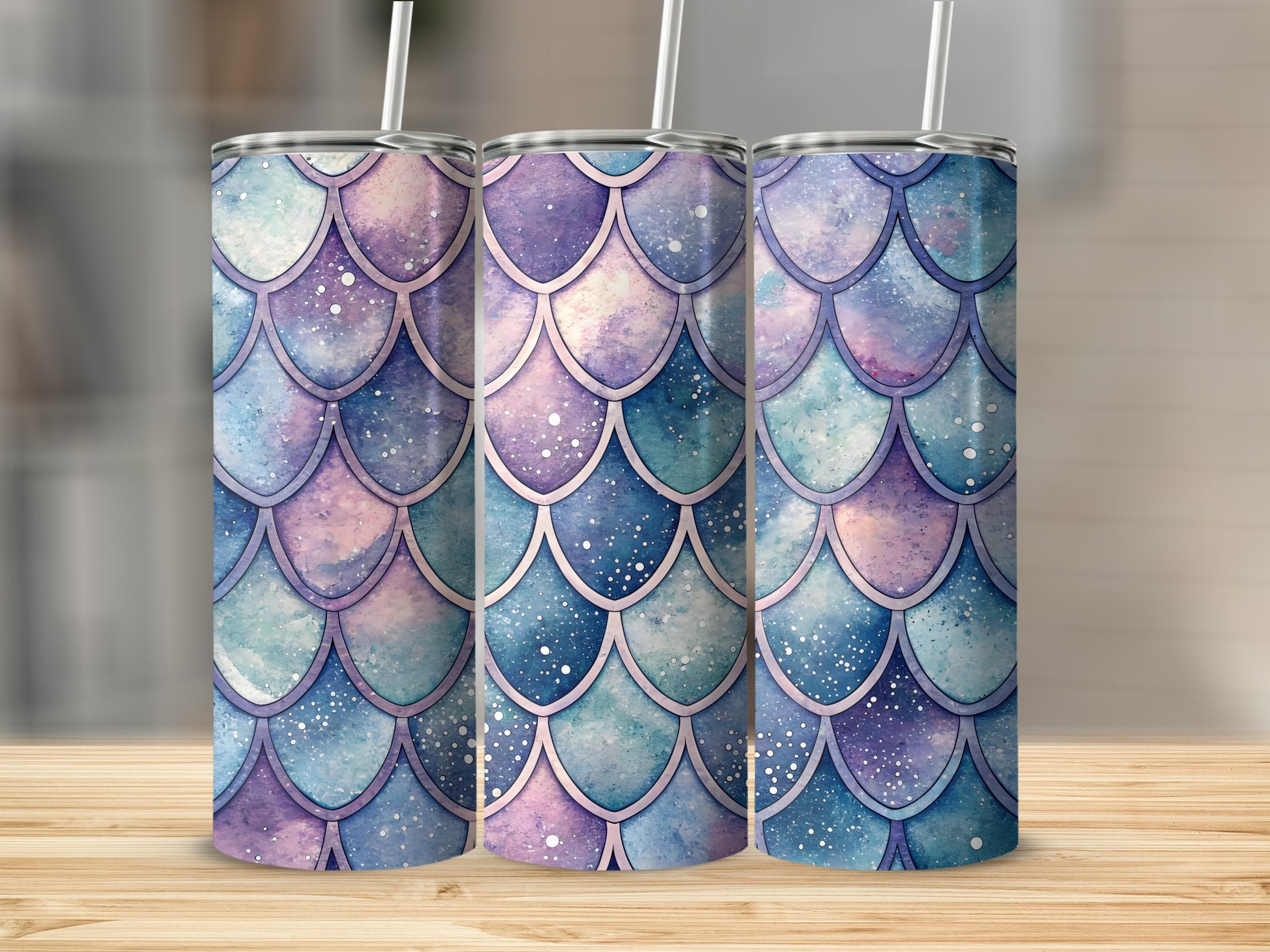Watercolor Mermaid Scales Pattern in Teal Blue Purple Tumbler - Walk Greener