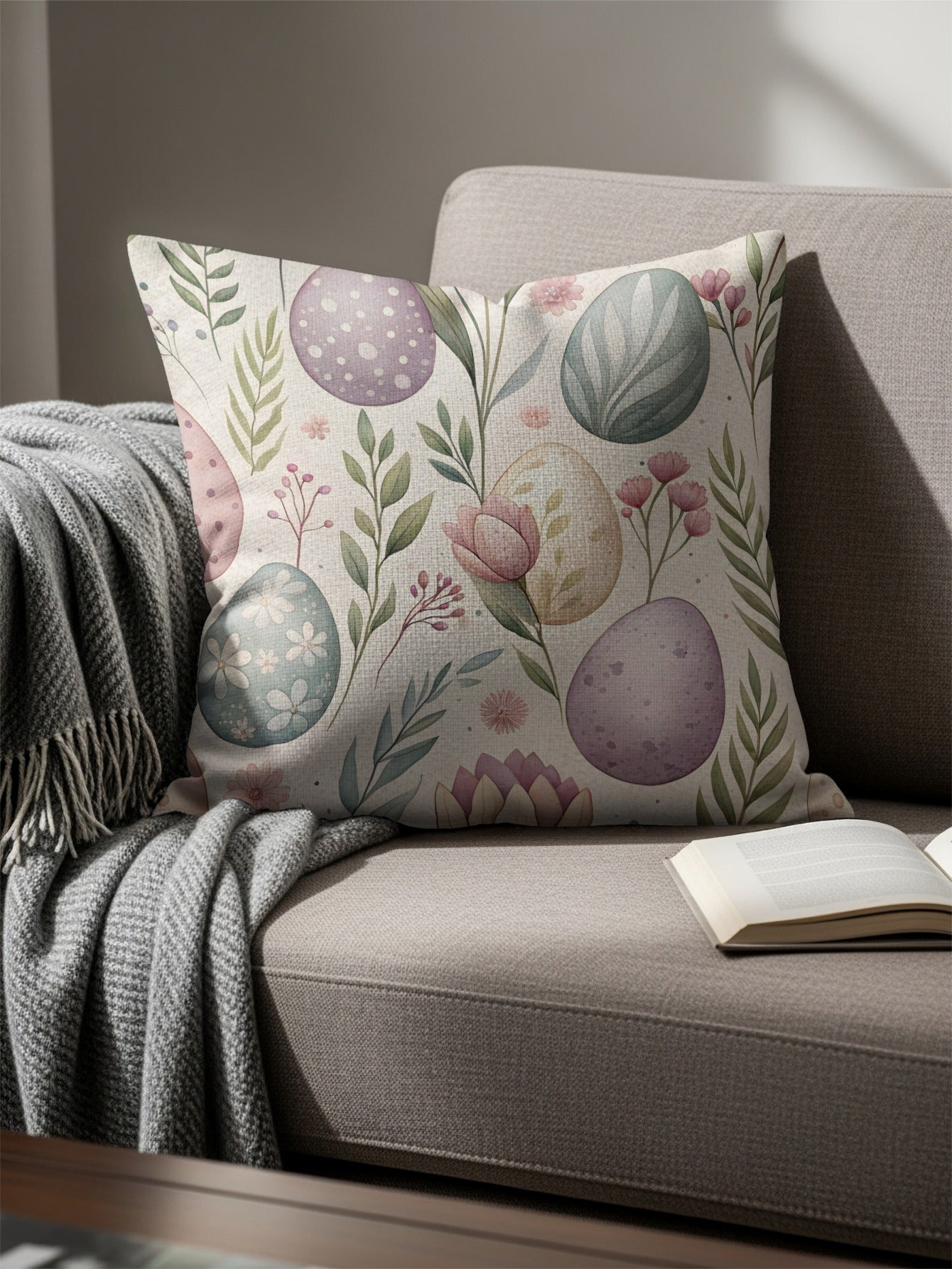 Decorative Spring Floral and Egg Pattern Throw Pillow