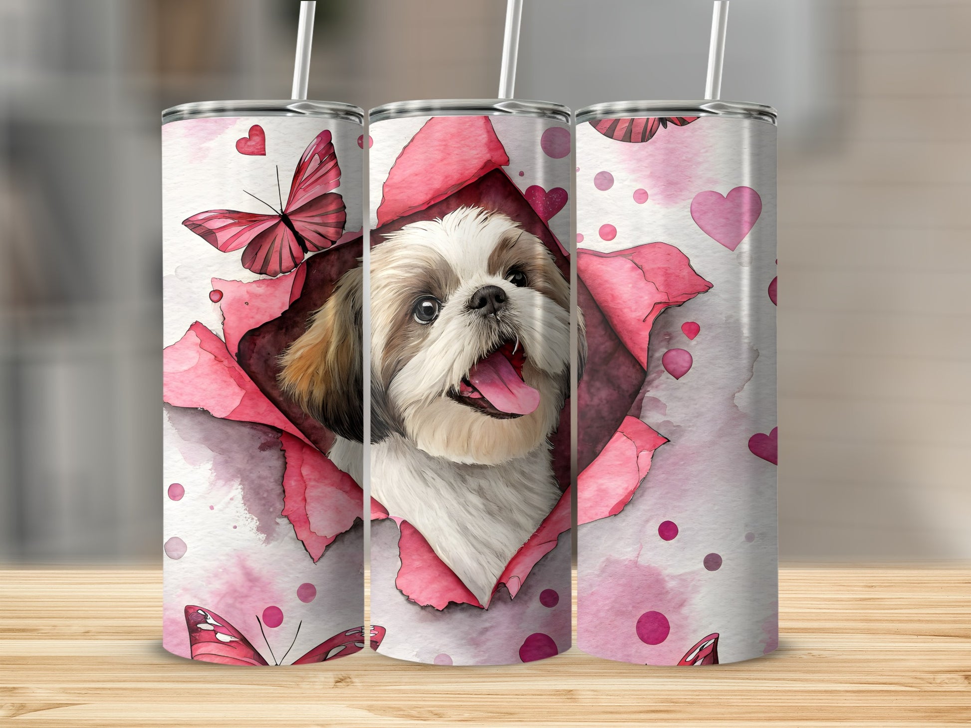 Cute Dog and Pink Butterfly Design Drink Tumbler