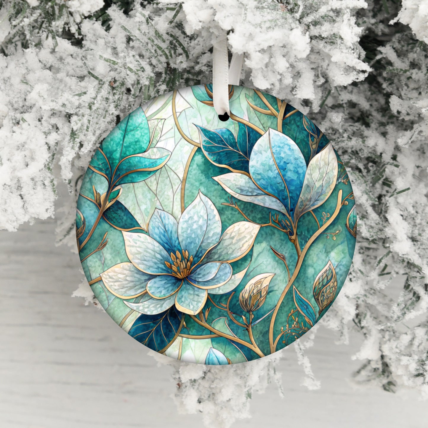 Vibrant Floral Design Snowy Holiday Ornament Decoration