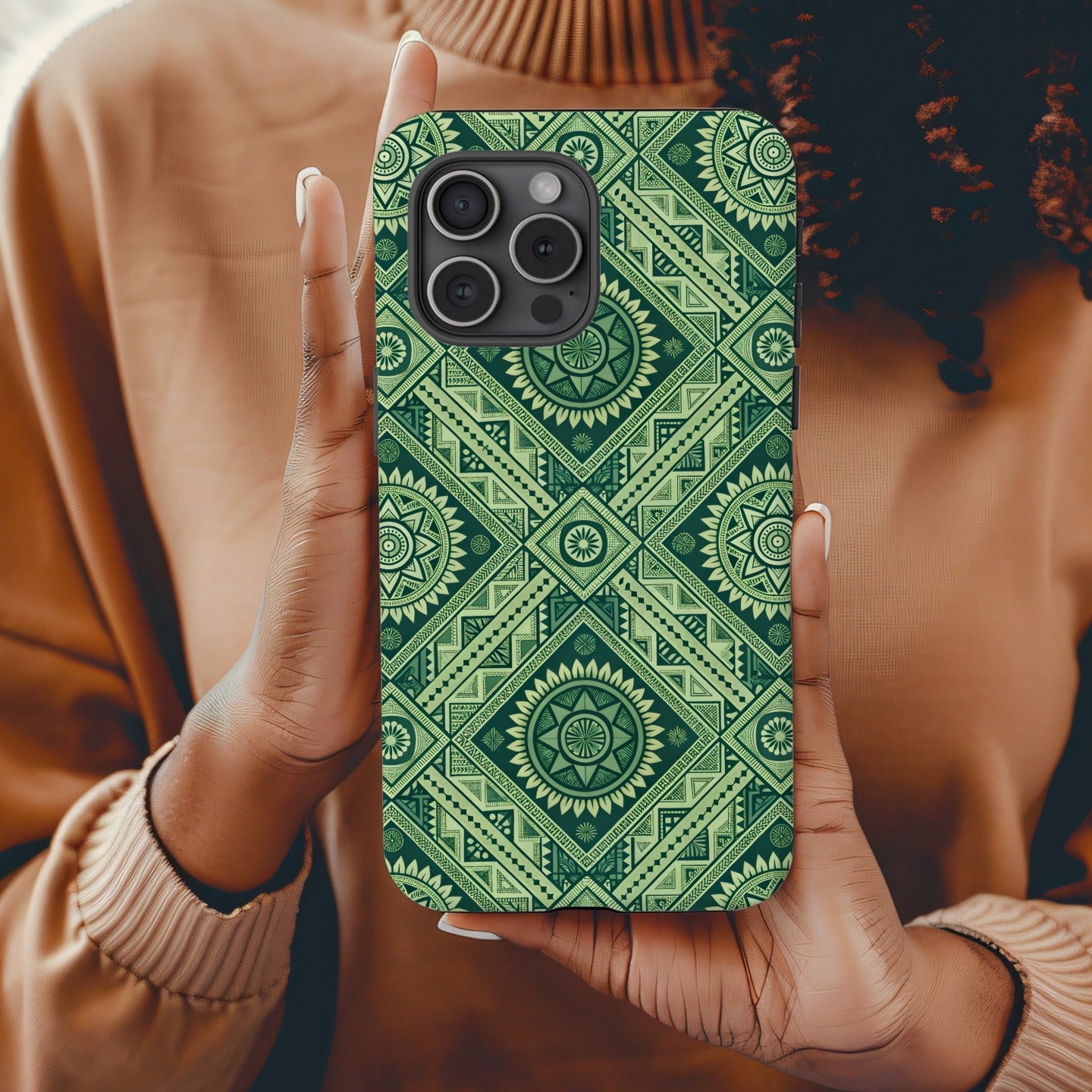 Green Geometric Ethnic Pattern Design for Custom Phone Case - Walk Greener
