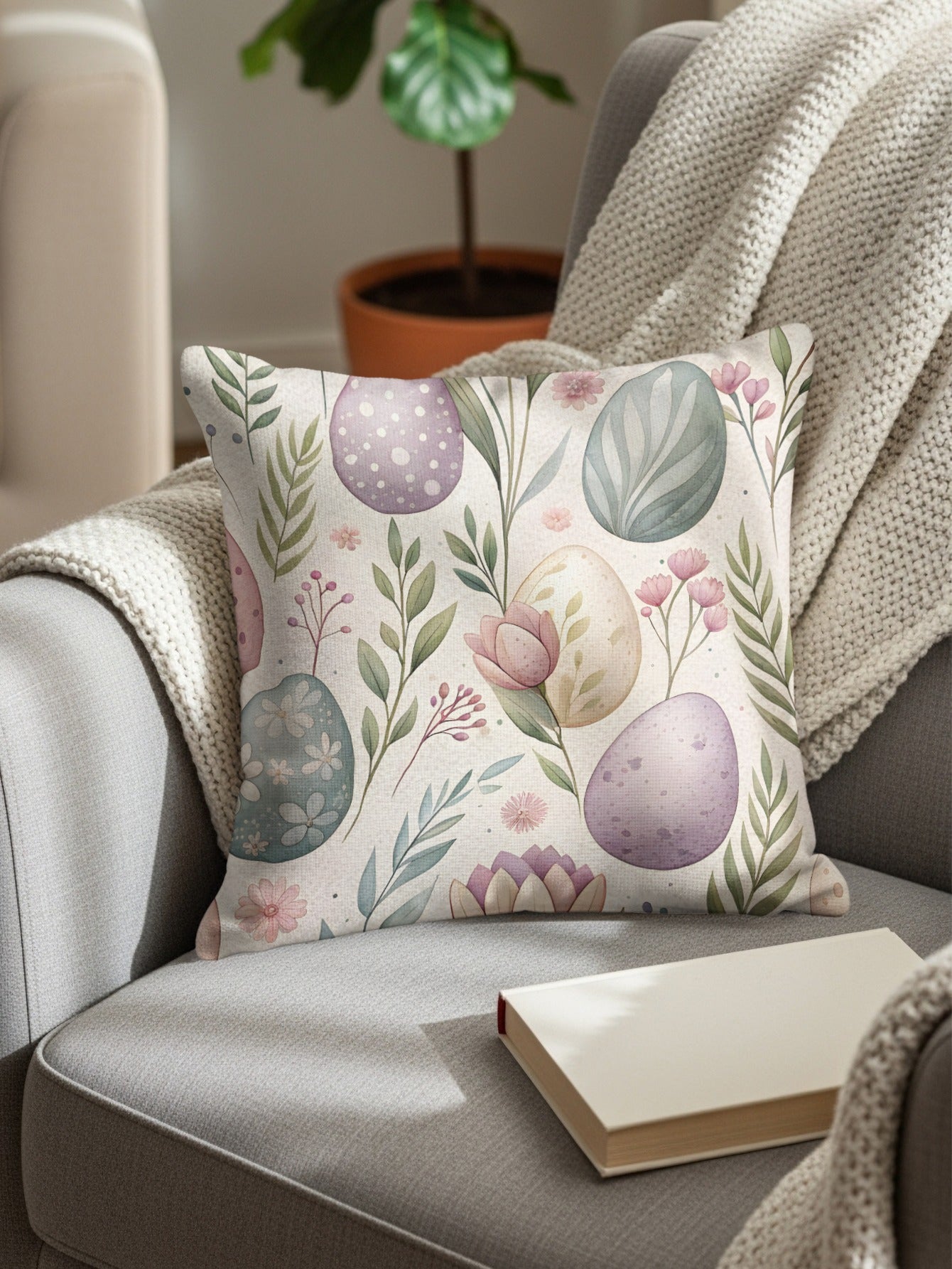 Pastel Easter Eggs and Flowers Decorative Pillow