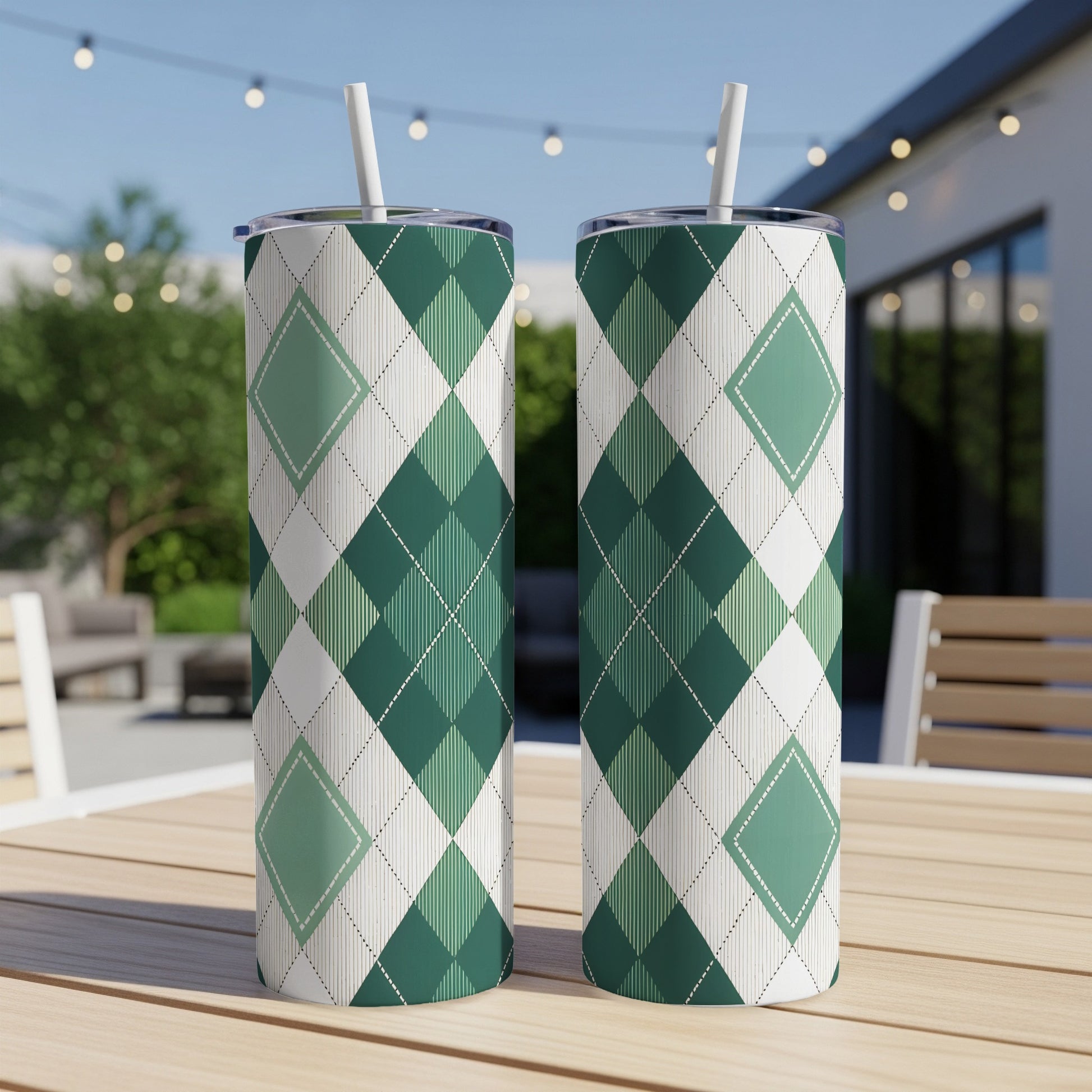 Argyle Pattern with Green and White Squares Design Tumbler - Walk Greener