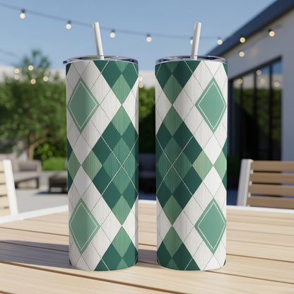 Argyle Pattern with Green and White Squares Design Tumbler - Walk Greener