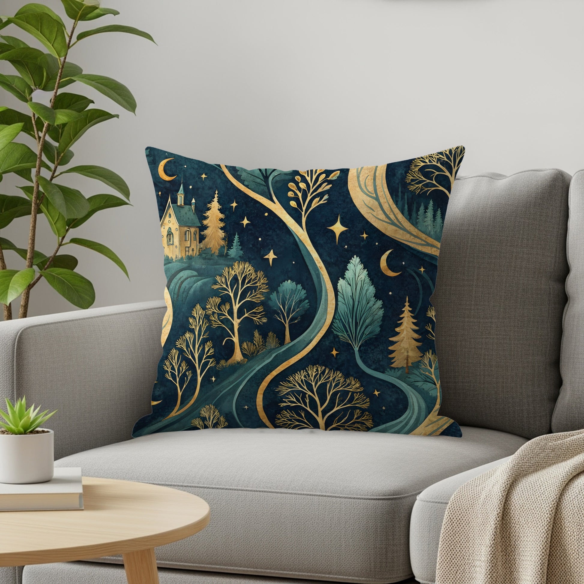 Enchanting Forest Night Scene Throw Pillow for Home Decor