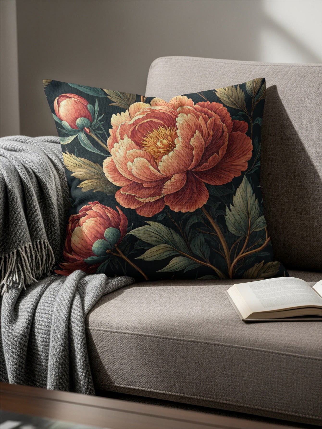Elegant Floral Art Peonies with Dark Background Decorative Floral Throw Pillows - Walk Greener