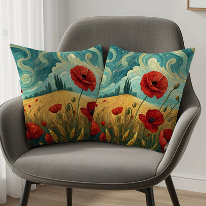 Red Poppies in Wheat Field and Blue Sky Painting Throw Pillows - Walk Greener