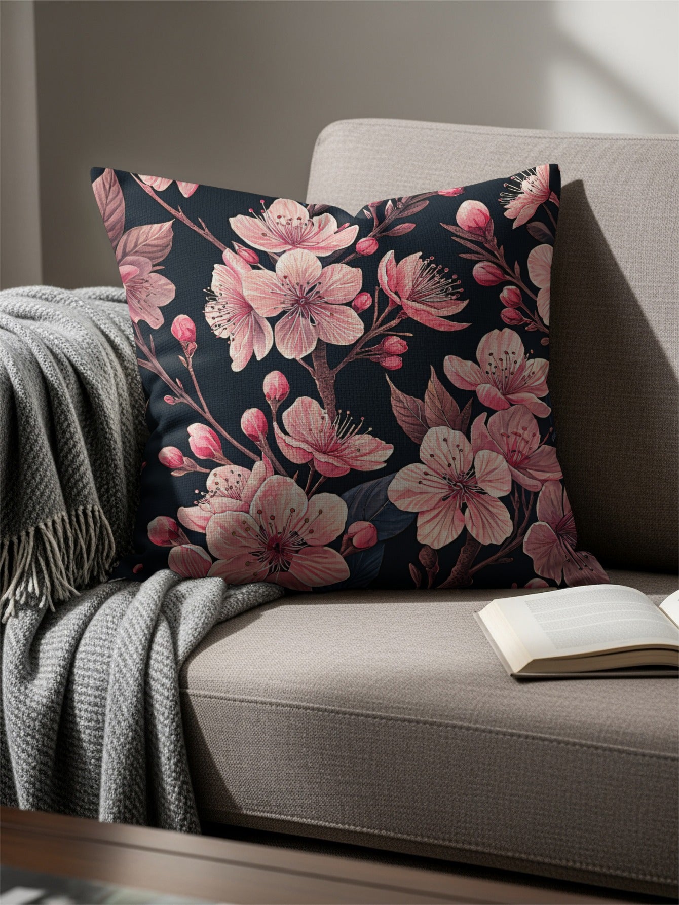 Delicate Pink Blossoms on Dark Branching Decorative Floral Throw Pillows - Walk Greener