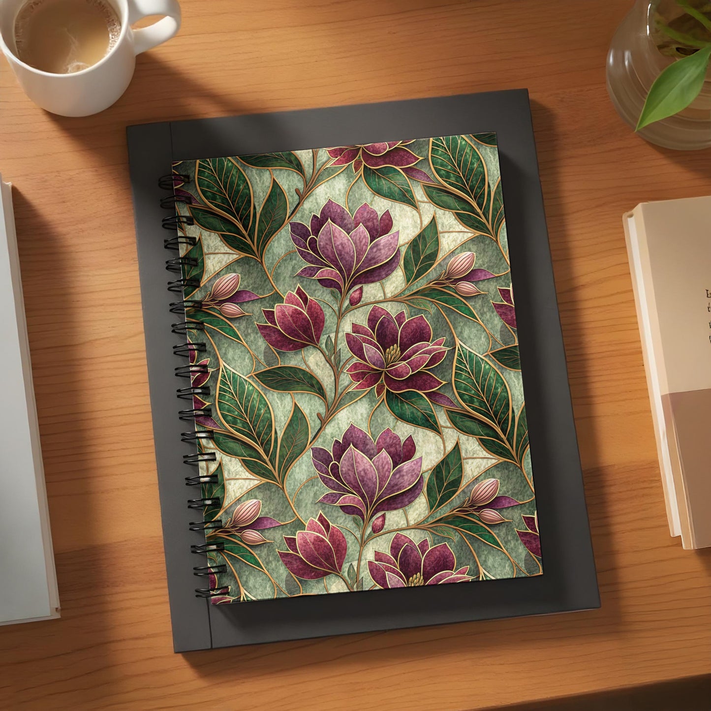 Floral Pattern Notebook with Green and Purple Leaves