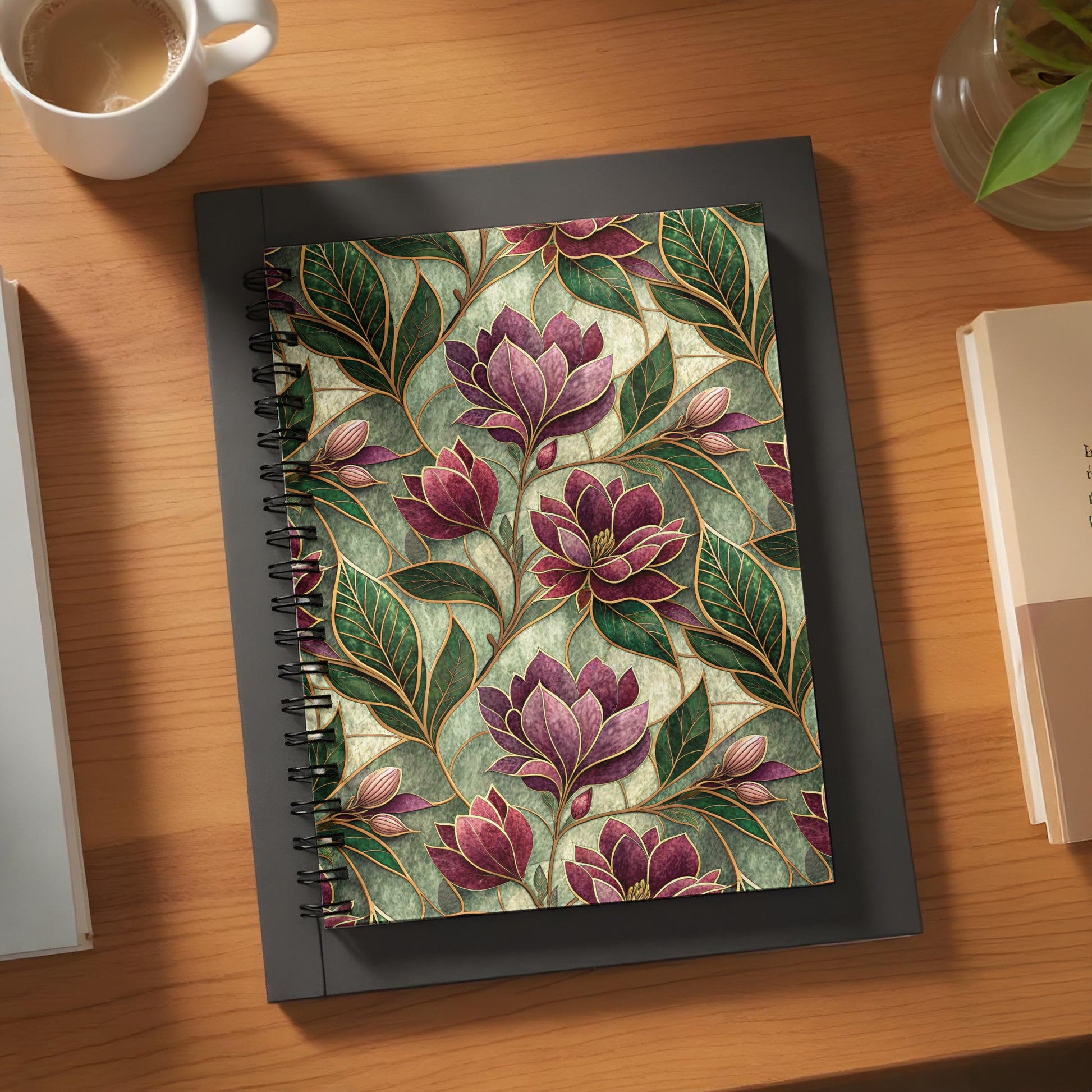 Floral Pattern Notebook with Green and Purple Leaves