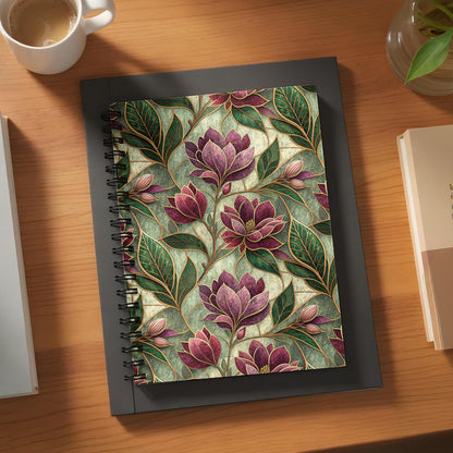 Floral Pattern Notebook with Green and Purple Leaves