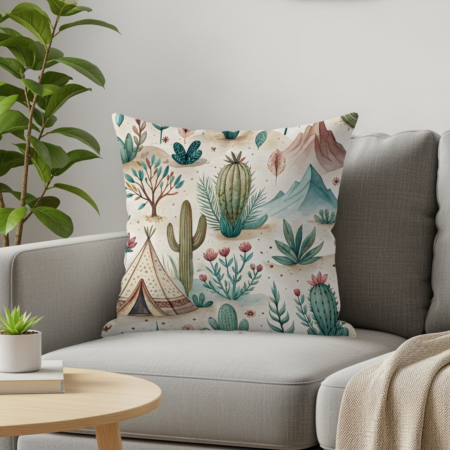 Watercolor Desert Scene Cactus and Tent Pattern Pillows & Pillow Cases - Walk Greener