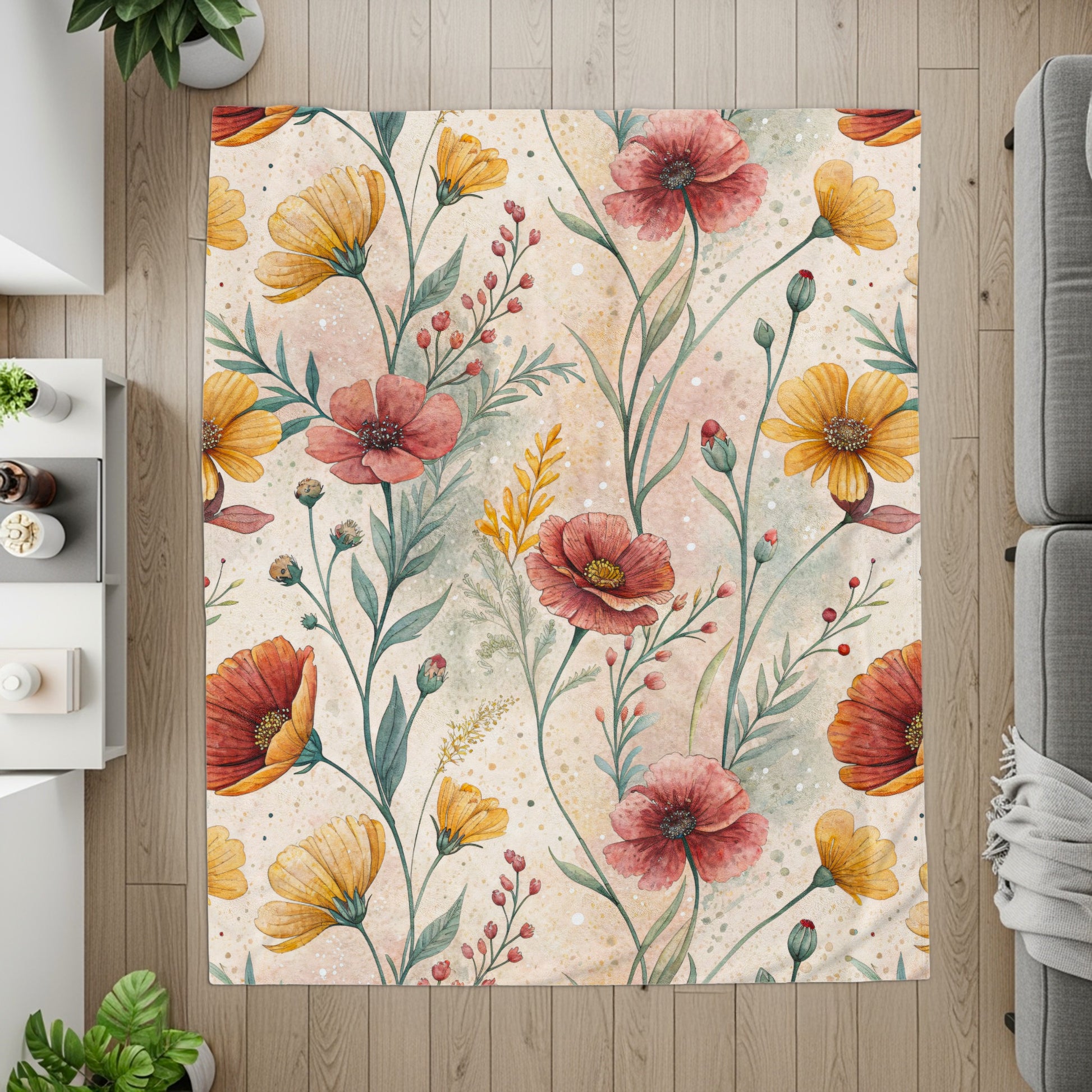 Watercolor Floral Pattern Design Red And Yellow Flowers Velveteen Plush Blankets - Walk Greener