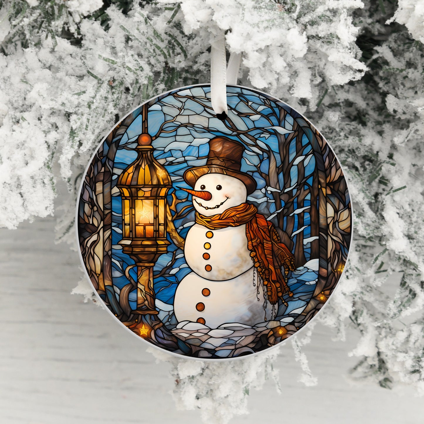Stained Glass Snowman Design Round Ornament product