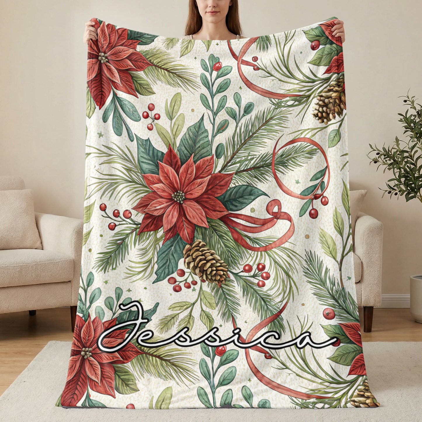 Personalized Christmas Poinsettia Blanket with Name