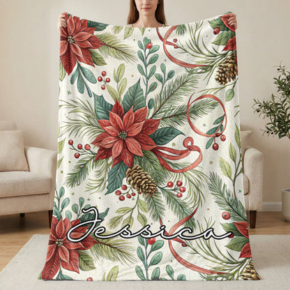 Personalized Christmas Poinsettia Blanket with Name