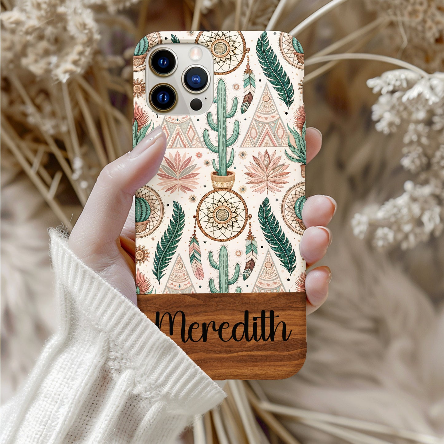 Custom Boho Cactus Feather Design Phone Case
