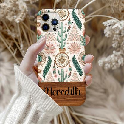 Custom Boho Cactus Feather Design Phone Case