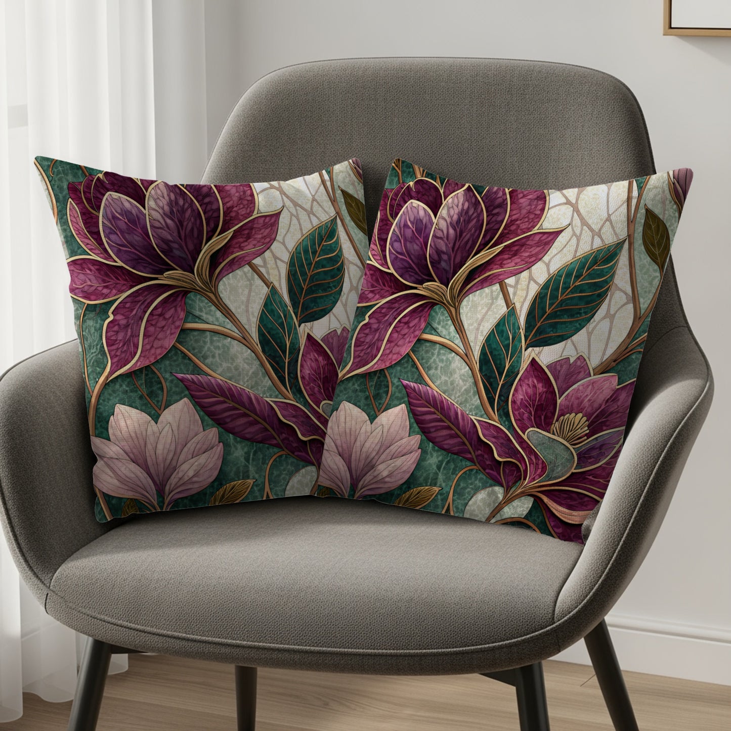 Magnolia Floral Artwork in Green and Purple Tones Throw Pillows - Walk Greener