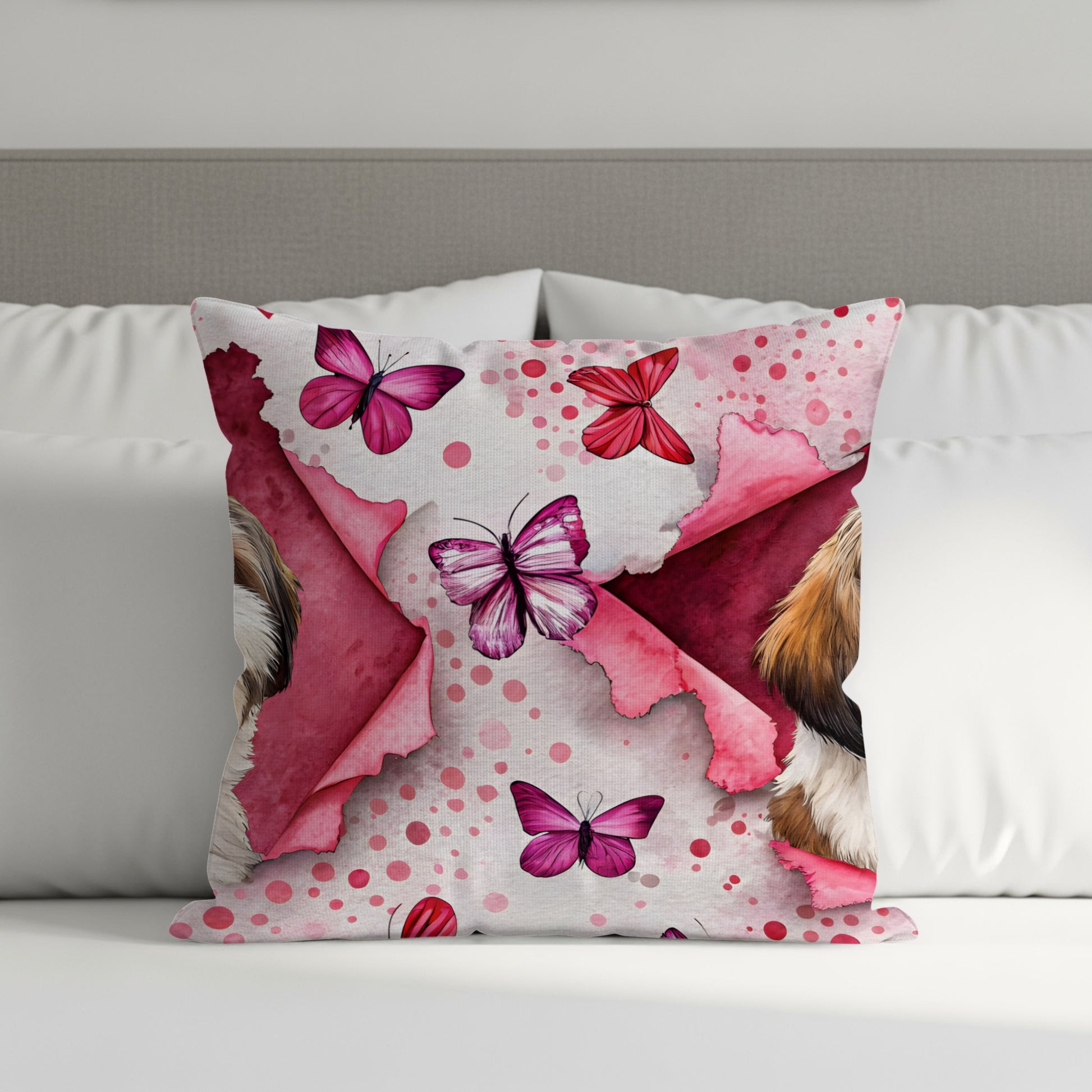 Pink Butterfly and Dog Design Decorative Pillow