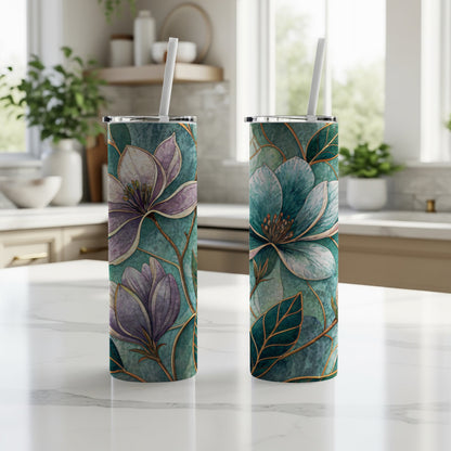 Magnolia Floral Watercolor Teal Background 20 oz Skinny Tumbler - Walk Greener