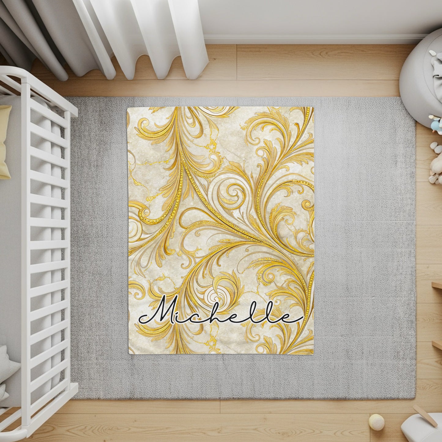 Personalized Golden Ornamental Design Rug with Michelle