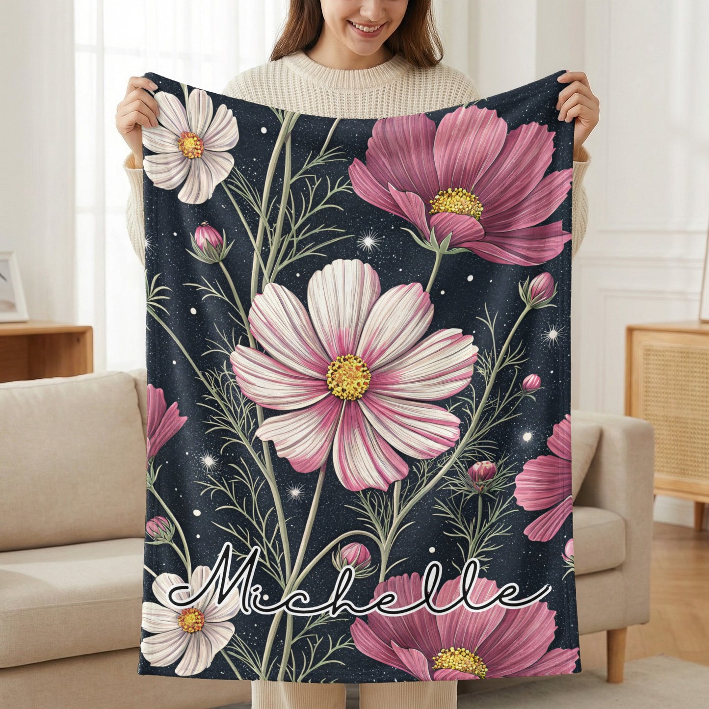 Cosmos Flowers With Custom Name On Dark Backdrop Custom Blanket - Walk Greener
