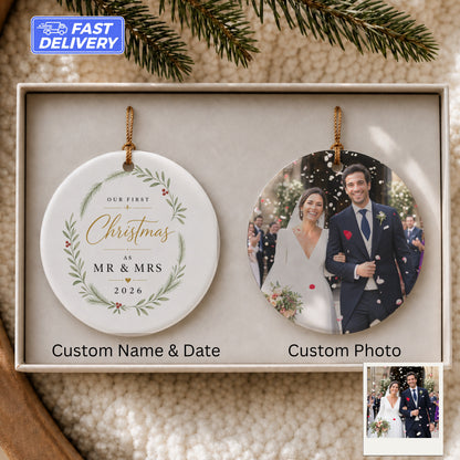 Round ornament with "Our First Christmas as Mr & Mrs 2026" and custom wedding photo.