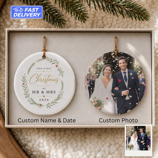 Round ornament with "Our First Christmas as Mr & Mrs 2026" and custom wedding photo.