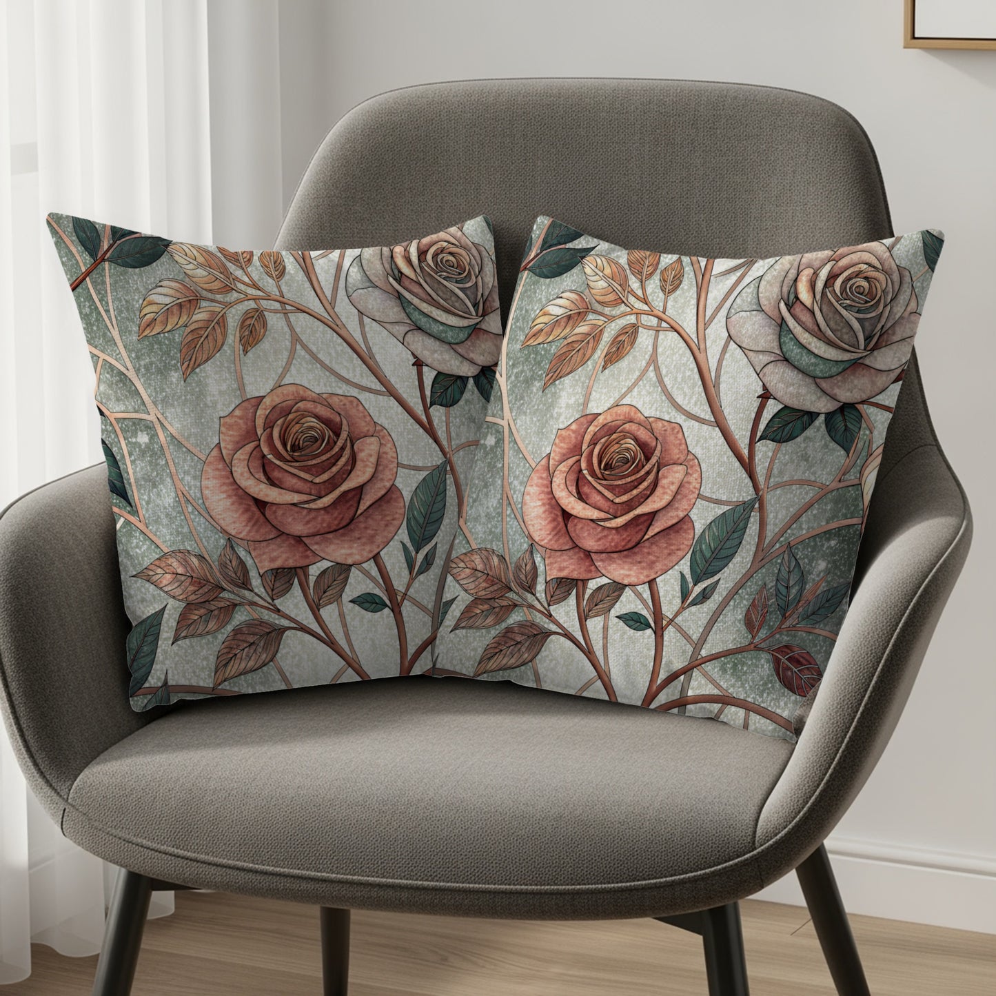 Pink And White Roses With Leaves And Branches Pattern Throw Pillows - Walk Greener