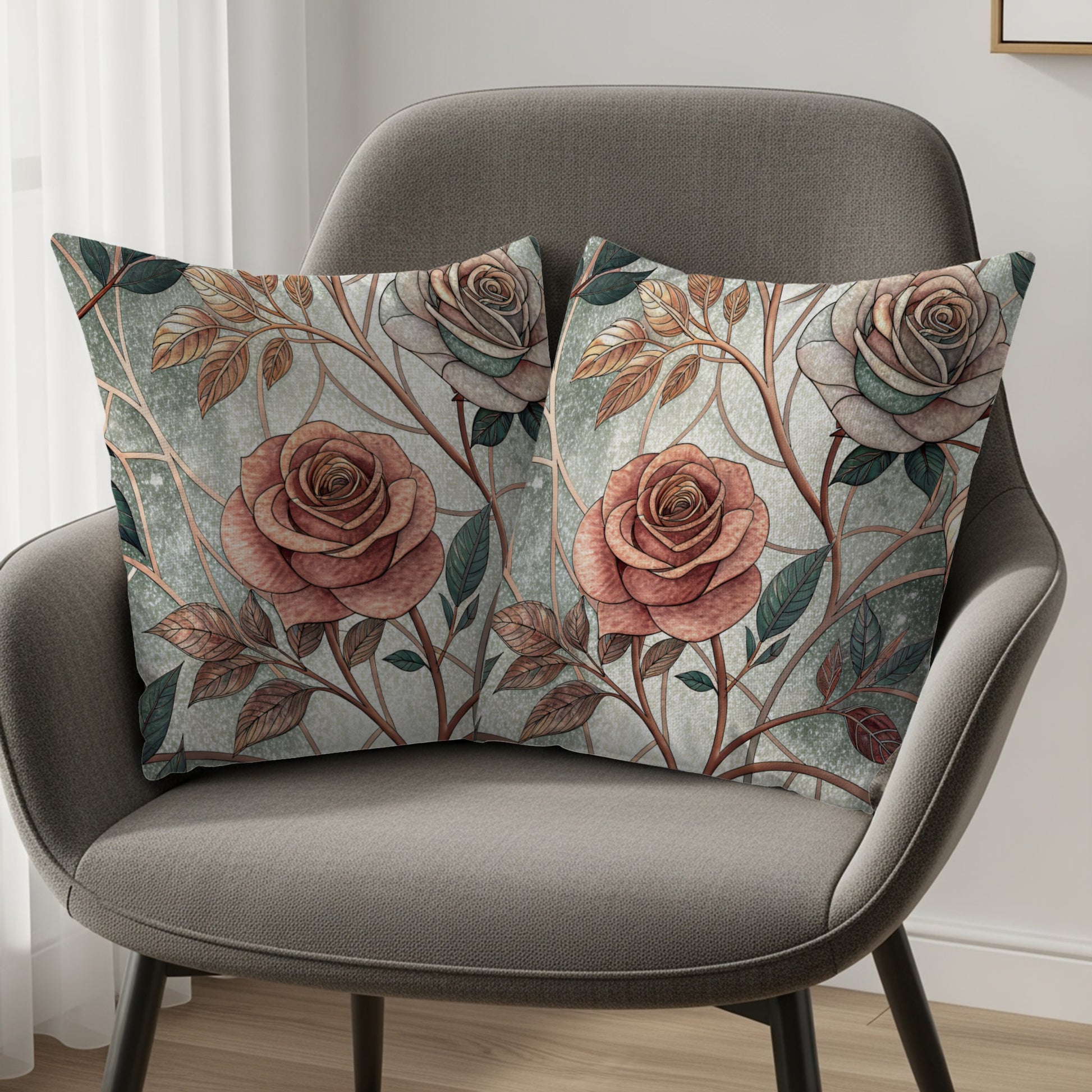 Pink And White Roses With Leaves And Branches Pattern Throw Pillows - Walk Greener