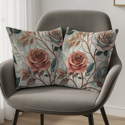 Pink And White Roses With Leaves And Branches Pattern Throw Pillows - Walk Greener